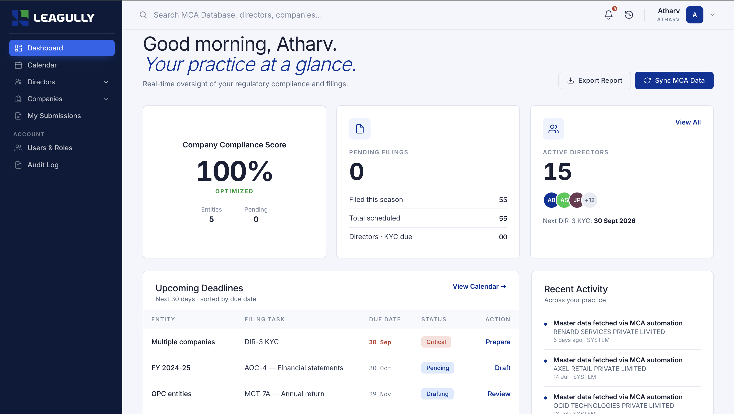 Leagully compliance dashboard